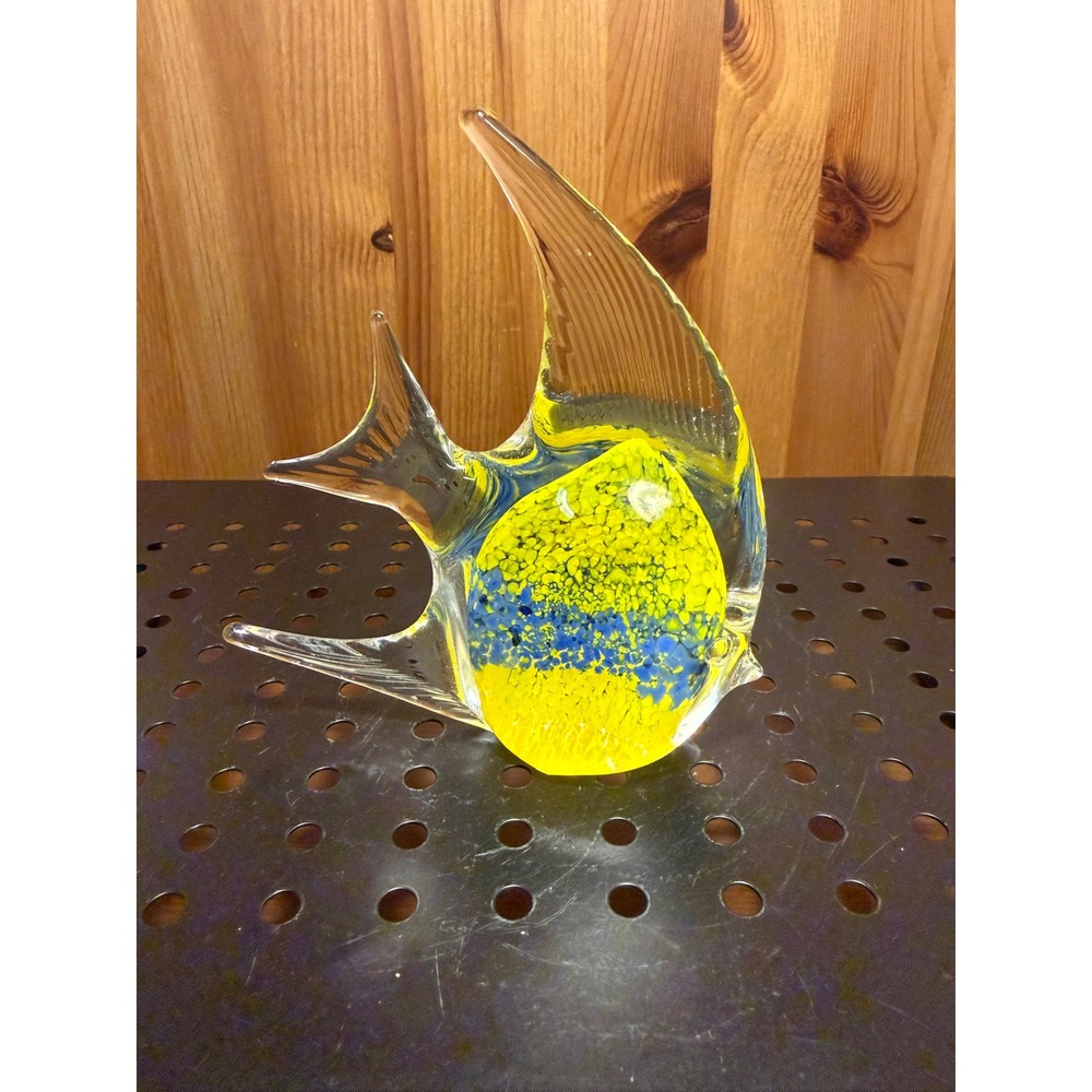 Vintage Art Glass Angelfish Figurine Yellow Blue Clear Tropical Fish 5.5"